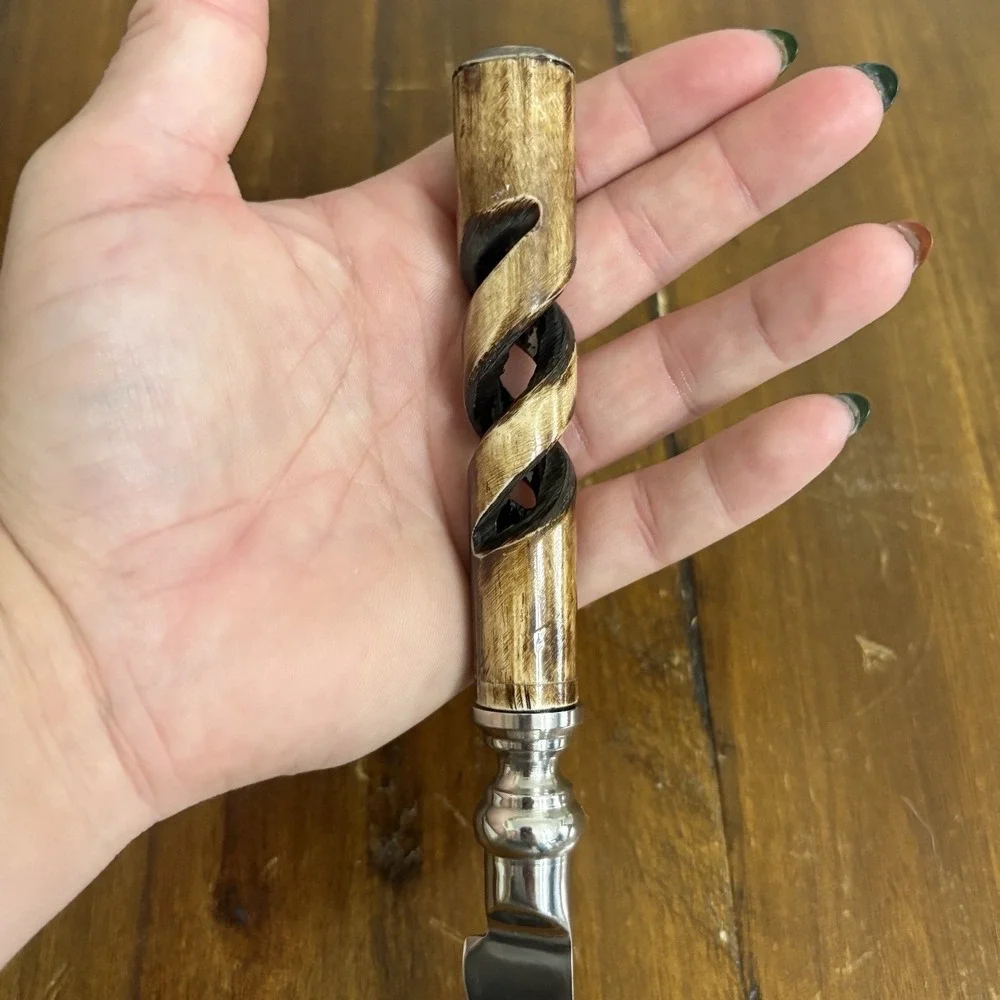 Natural Horn Handle Cheese Charcuterie Knife Stainless Steel Carved Spiral 9.5